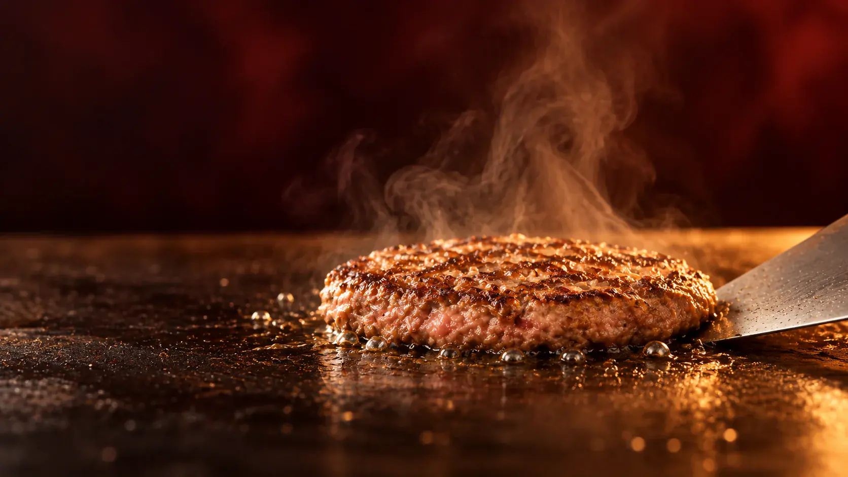 Hambúrguer selando na chapa quente, em cena de preparo ilustrativa