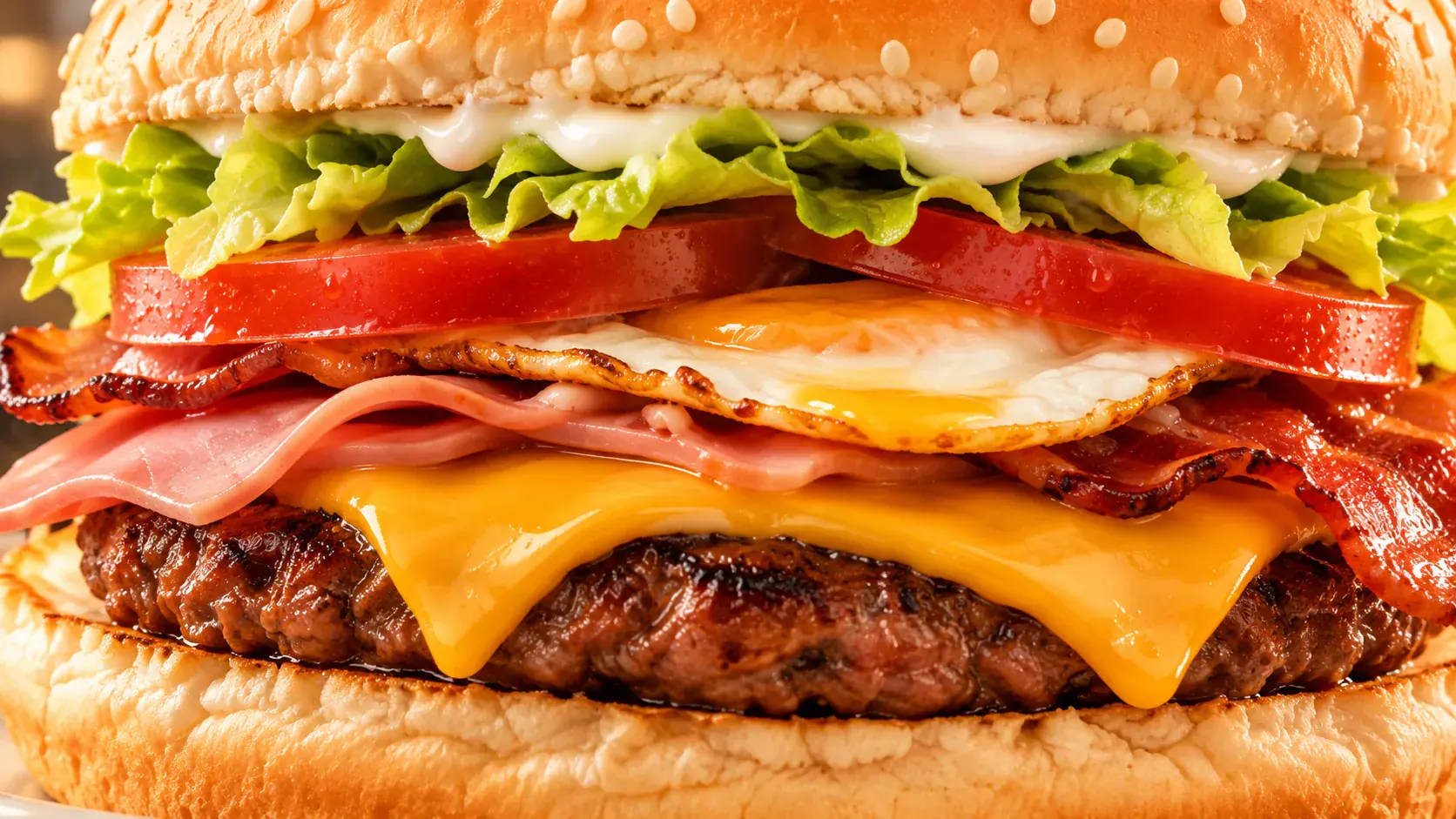 Detalhe ilustrativo do queijo, da carne, do bacon, do ovo e do presunto do Big King Burger