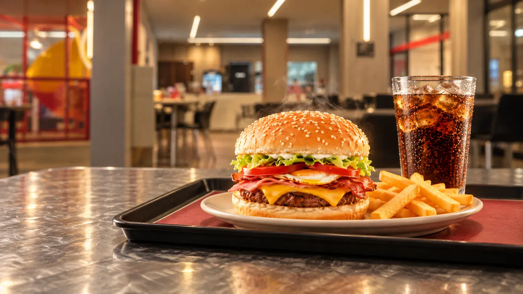 Big King Burger com fritas e copo de refrigerante na bandeja, composição ilustrativa