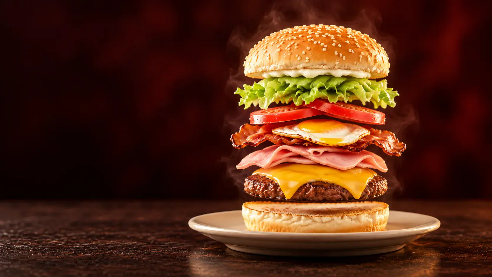 Camadas do Big King suspensas sobre o pão, em montagem publicitária ilustrativa
